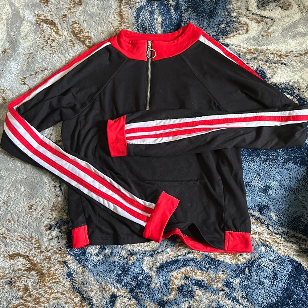 Ardene long sleeve quarter zip. Black, red, and white. Soft material.